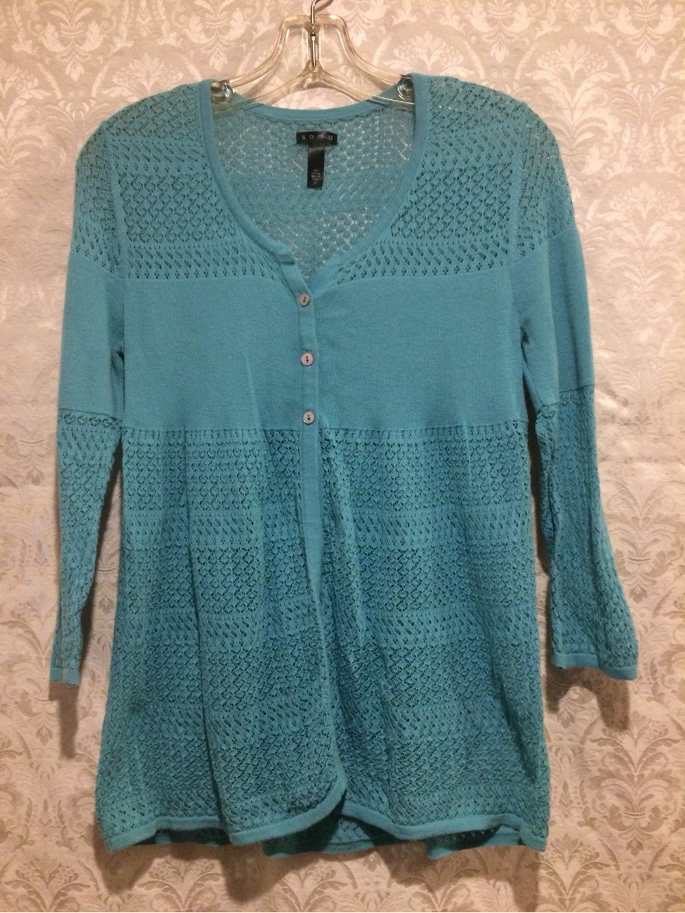 SOMA Knit Open-Weave Sweater S Small Soft Cozy Cardigan Comfy Layer Tunic Aqua